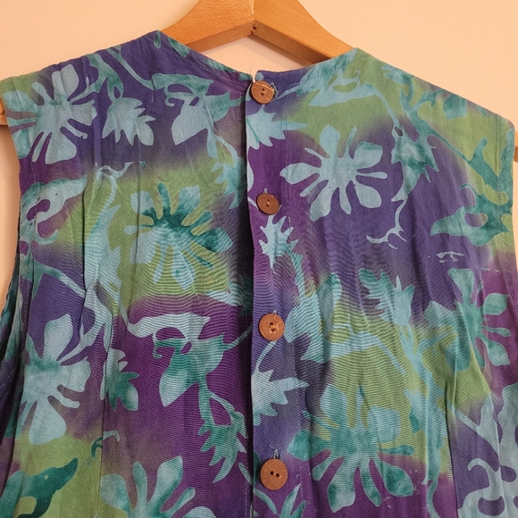 Vintage Daily Planet Dress Rayon Tie Dye Blue Green Buttons Sleeveless - Picture 6 of 9